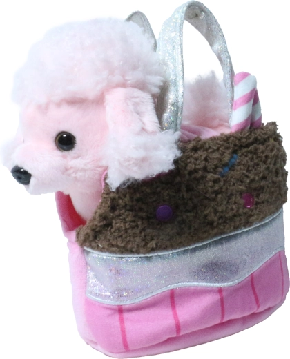 Rosa Plüschpudel in einer schokoladenbraunen Handtasche
