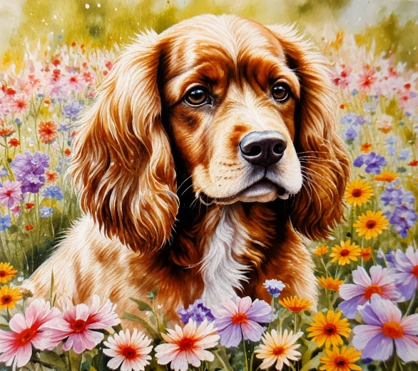 Norimpex Diamantmalerei Cocker Spaniel in Blumen 30 × 40 cm