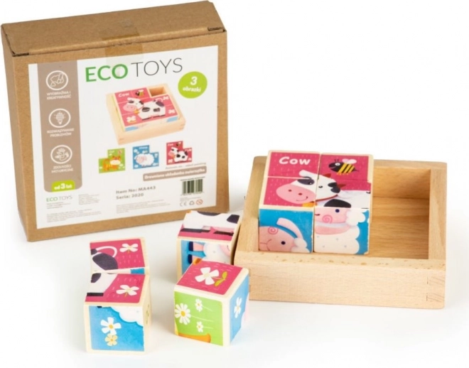 ECOTOYS Holzbausteine mit Tieren, 8 Würfel