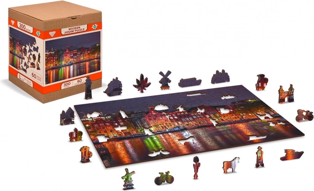 Holzpuzzle Nächtliches Amsterdam mit einzigartigen Teilen