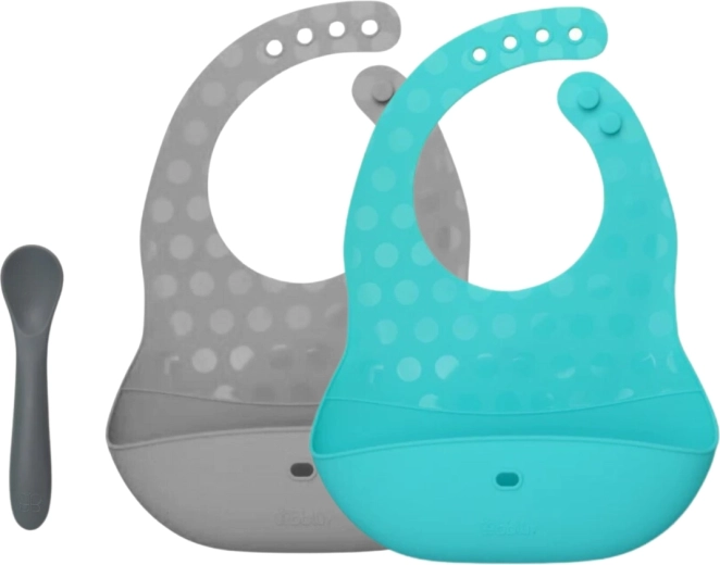 Bblüv Pöket Set aus Silikon-Lätzchen und Löffel aqua/grau