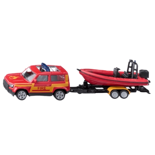 Siku Land Rover Defender mit Motorboot – Feuerwehr-Set