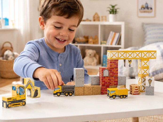 Realistische Baustelle mit Kran und Fahrzeugen