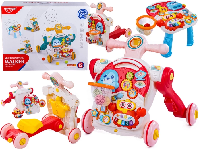 Multifunktionelle Kinderlauflernhilfe 4-in-1 mit Lern-/Spieltisch, Rutschfahrzeug und Scooter – rosa