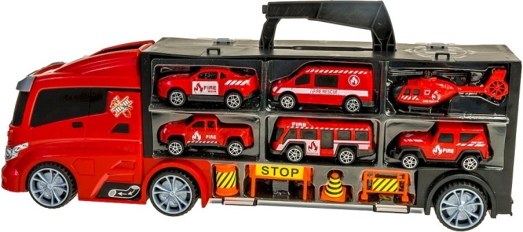 Rettungsfahrzeug-Set im Koffer – Feuerwehr-Transporter mit Autos und Hubschrauber