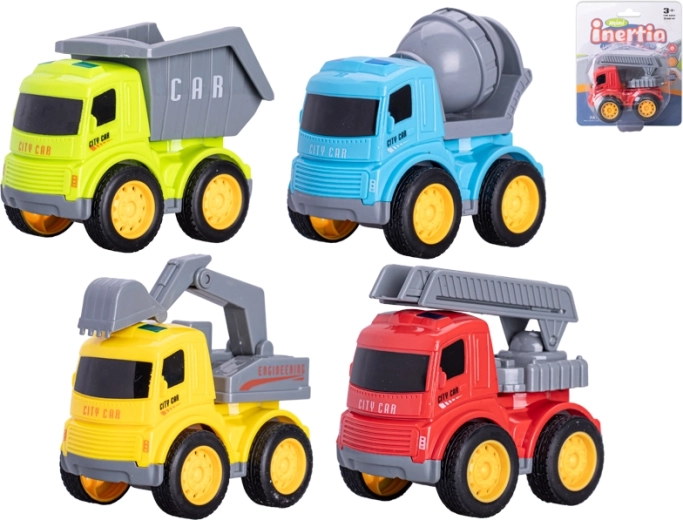 Baufahrzeuge 9 cm mit Schwungrad – Set mit 4 Varianten