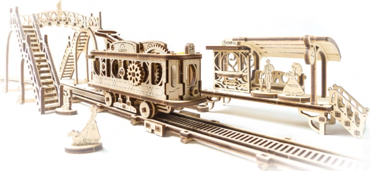Mechanischer Holz-Bausatz UGEARS Straßenbahnlinie Mechanical Town
