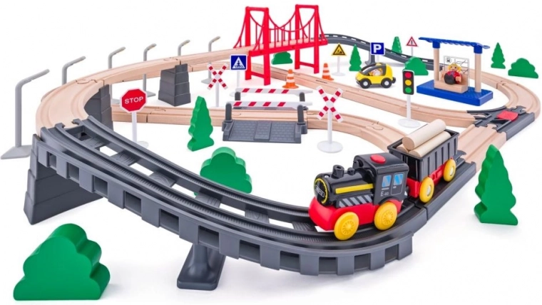 Holzeisenbahn mit batteriebetriebener Lokomotive, 80 Teile