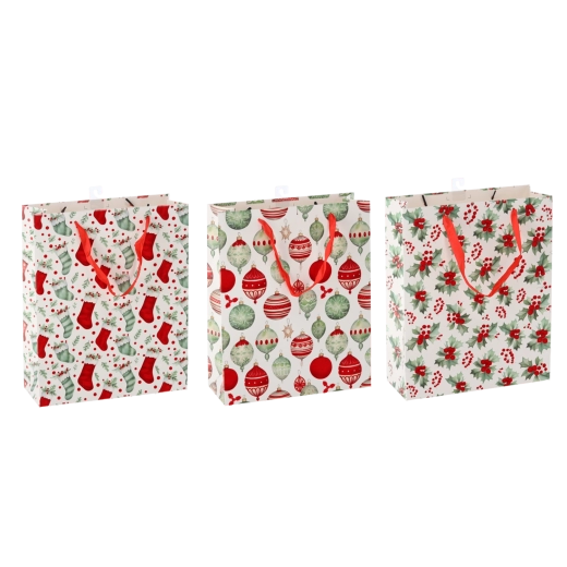 Geschenktasche zu Weihnachten – Mix aus traditionellen Motiven, 26 × 32 × 10 cm (Packung mit 12 Stk.)