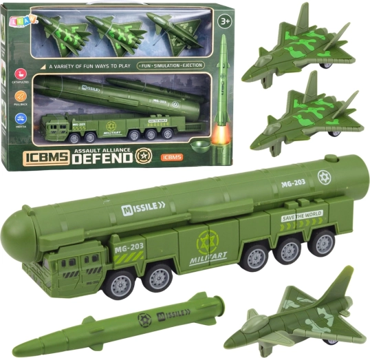 Militär-Set mit Raketenwerfer, Lastwagen und Jagdflugzeugen mit Aufzieh-Antrieb