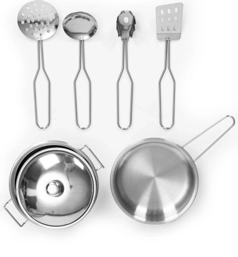 Sieben Küchenzubehörteile aus Metall