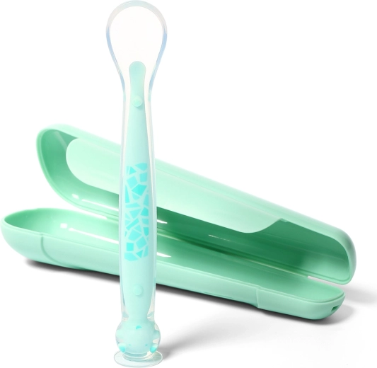 BabyOno Silikonlöffel mit Saugnapf und Reiseetui, mint, 6m+