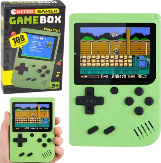 Tragbare Retro-Spielkonsole mit LCD-Display, 108 Spielen, grün