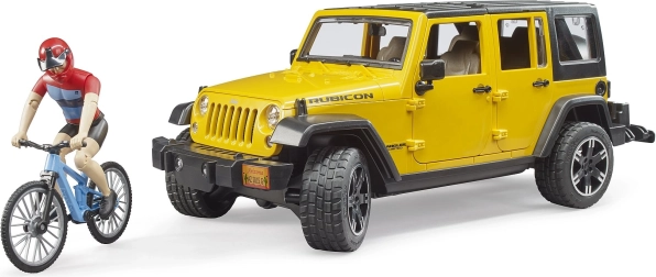 Bruder Jeep Wrangler Rubicon mit Radfahrer und Fahrrad