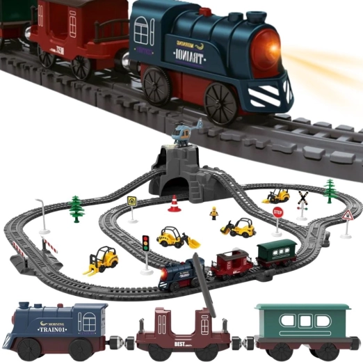Woopie elektrische Retro-Eisenbahnstrecke mit Lokomotive und 2 Waggons, 76 Teile