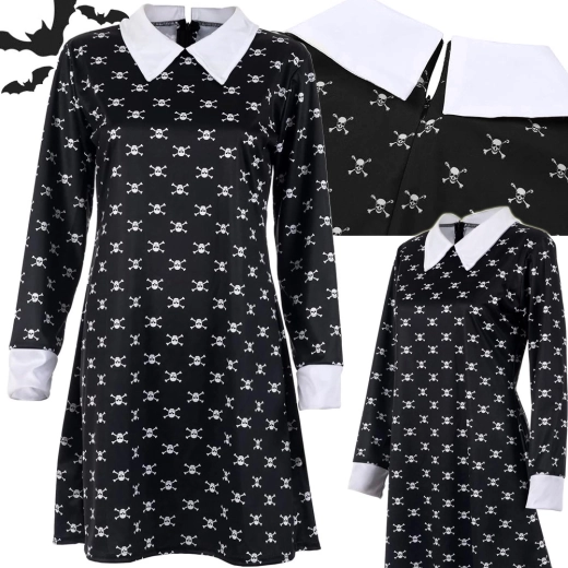 Kinderkostüm Wednesday Addams – schwarzes Kleid mit Totenköpfen und weißem Kragen (115–125 cm)