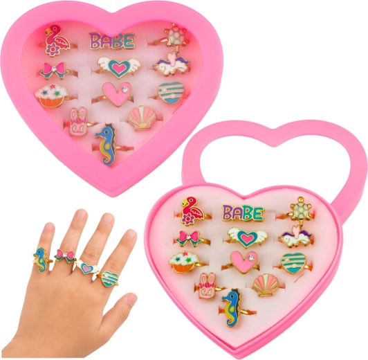 Set aus verstellbaren Kinder-Ringen im Herz-Etui, 12 Stück