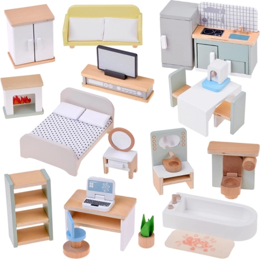 Holzmöbel für ein Puppenhaus – 28 Teile (Küche, Wohnzimmer, Schlafzimmer, Badezimmer, Arbeitszimmer)
