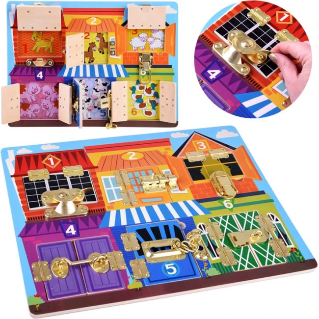 Sensorisches Holz-Aktivitätsbrett mit Schlössern und Zahlen