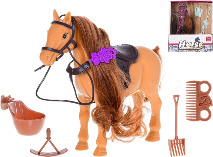 Plastikpferd 17 cm mit Zubehör für Pflege und Reiten