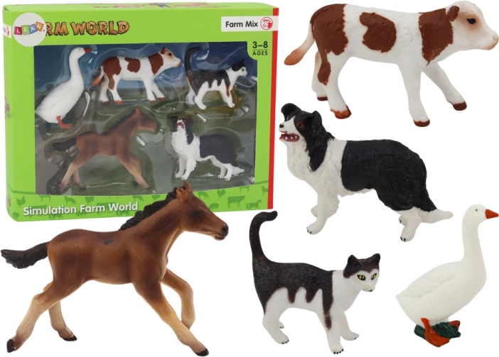 Set mit 5 Bauernhoftier-Figuren: Pferd, Kuh, Katze, Gans, Hund