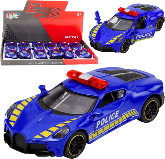Metall-Polizei-Sportwagen 1:43 mit Pull-Back-Antrieb und öffnenden Türen – blau