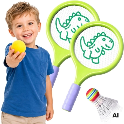 Woopie Badminton-Set mit Schlägern, Schaumstoffball und Dinosaurier-Federkorb