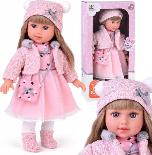 Puppe 43 cm mit langen Haaren in rosa Kleid und Jäckchen
