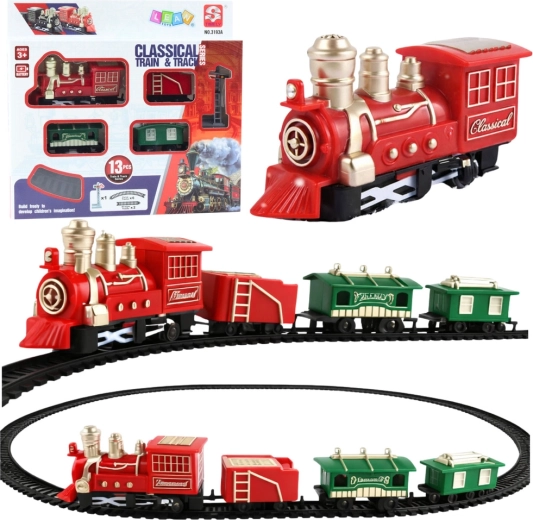 Klassischer batteriebetriebener Zug mit Lokomotive, Waggons und Schienen – 13 Teile