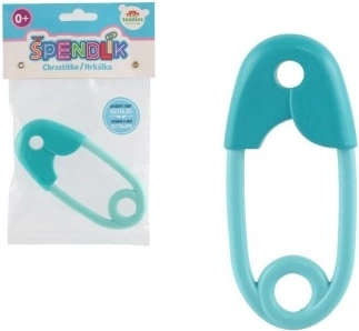 Türkisfarbene Kinder-Rassel aus Kunststoff in Form einer Sicherheitsnadel