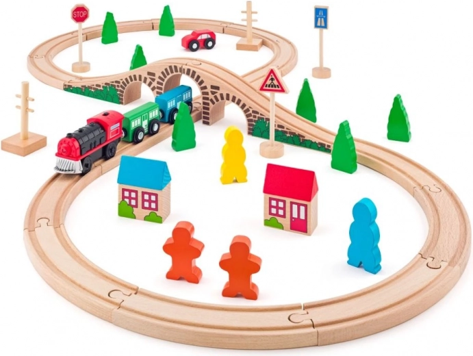 Holzeisenbahn mit batteriebetriebener Lokomotive 3+