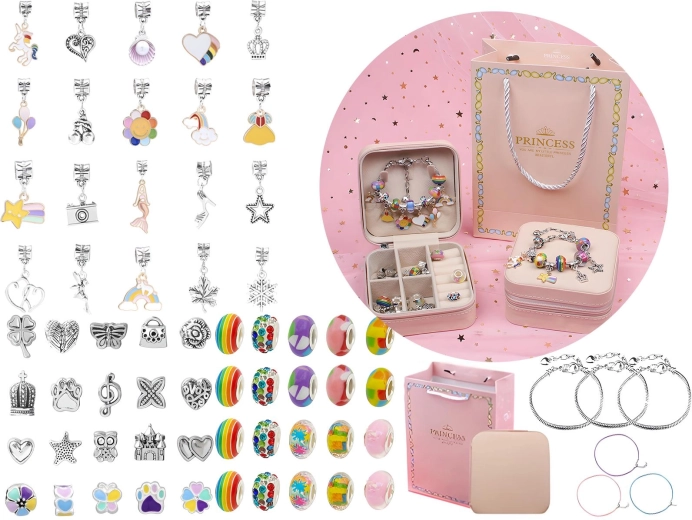 Set zum Basteln von Schmuck und Armbändern mit Charms-Anhängern und Perlen – Regenbogen-Mix mit Etui