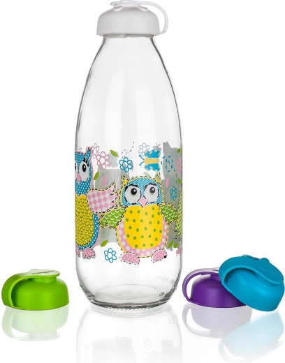 Milchflasche 1 l mit Deckel – Eulenmotiv, Glas