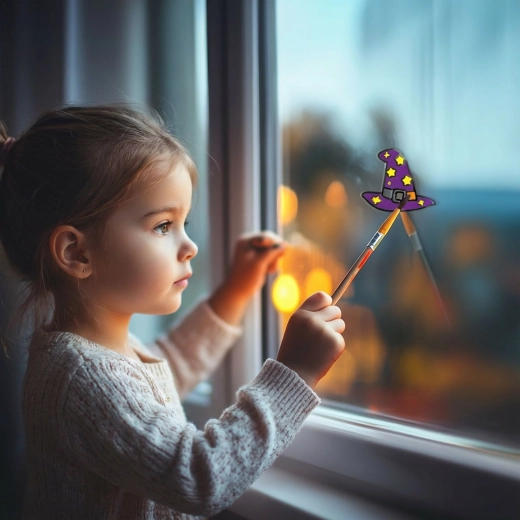 Ausmalbare Halloween-Fensterdekoration – Hexenhut mit 4 Farben und Pinsel