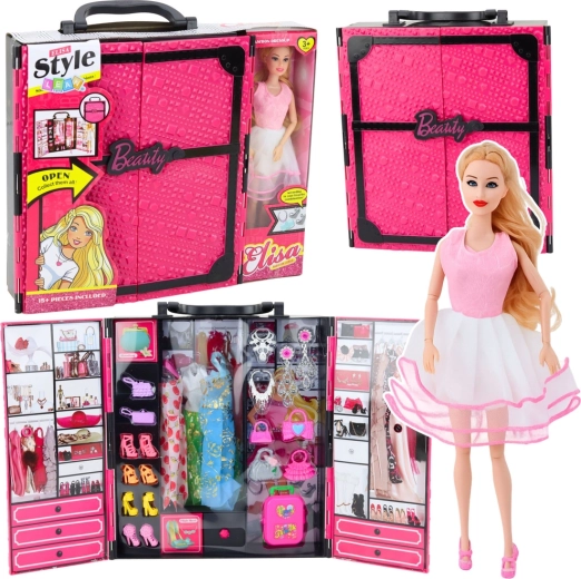 Rosa Kleiderschrank für Puppen mit großer Puppe und Zubehör