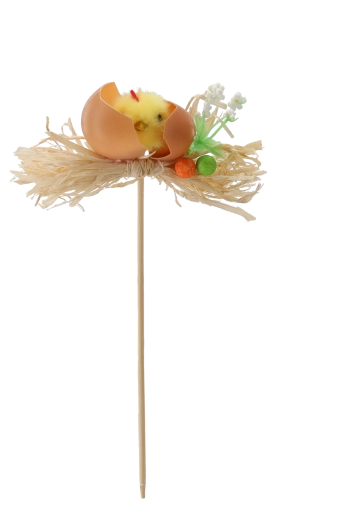 Osterdekoration am Stäbchen – Küken im Ei auf Stroh, Farbmix