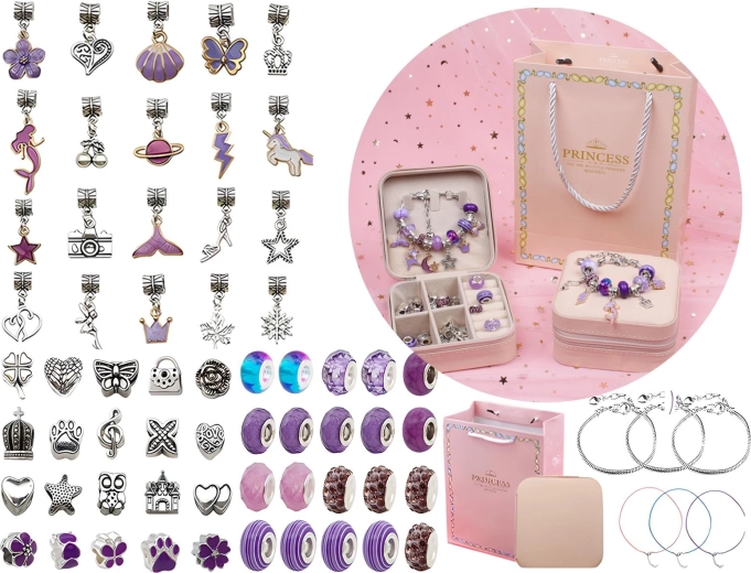 Set zum Herstellen von Armbändern und Schmuck mit Perlen und Anhängern in Violetttönen mit Etui