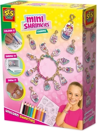 SES Creative Mini Shrinkies – Einhorn-Süßigkeiten, Kreativset für Anhänger und Armband