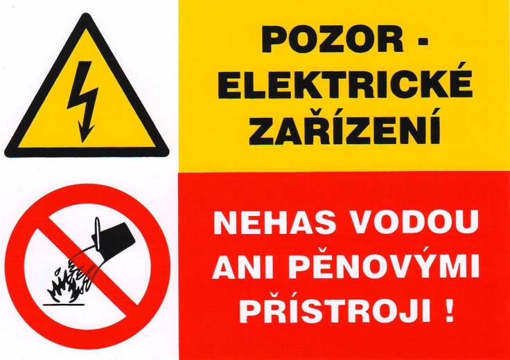 Selbstklebendes Sicherheitsschild – Achtung elektrisches Gerät, nicht mit Wasser oder Schaumlöschern löschen (105 × 74 mm)