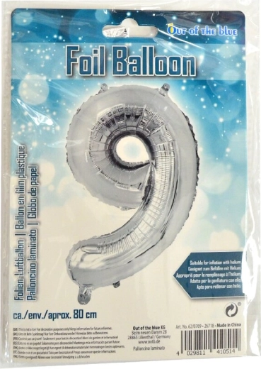 Folienballon Zahl 9 silber 80 cm