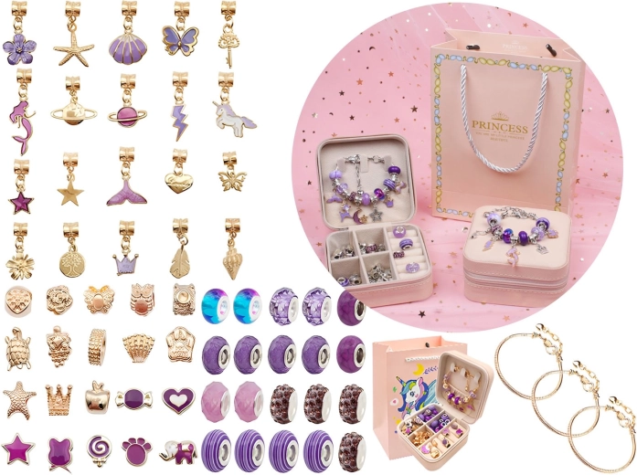 Set zur Schmuck- und Armbandherstellung mit Perlen und Anhängern in Violetttönen