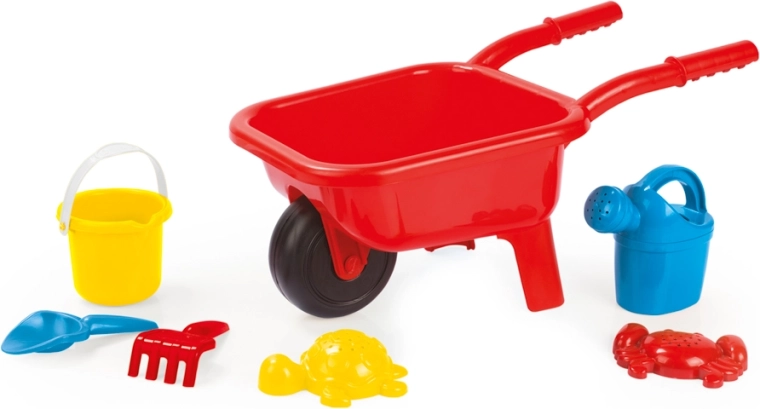 Plast-Schubkarre für Kinder für den Sandkasten, rot, mit 7-teiligem Set
