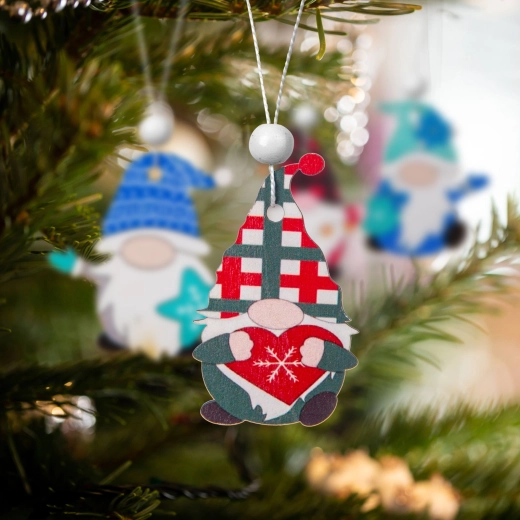 Set aus hängenden Weihnachtsdekorationen aus Holz mit Wichteln, 12 Stück
