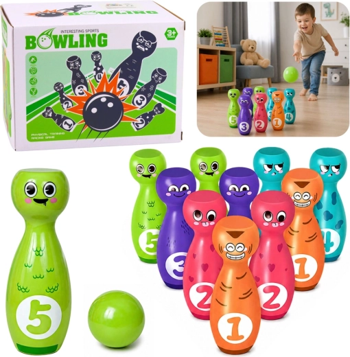 Kinderkegel mit Gesichtern – Lernset mit 10 Kegeln und 2 Kugeln