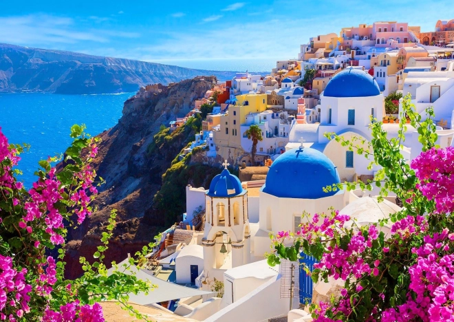 Puzzle Santorini mit Blumen, Griechenland 1000 Teile