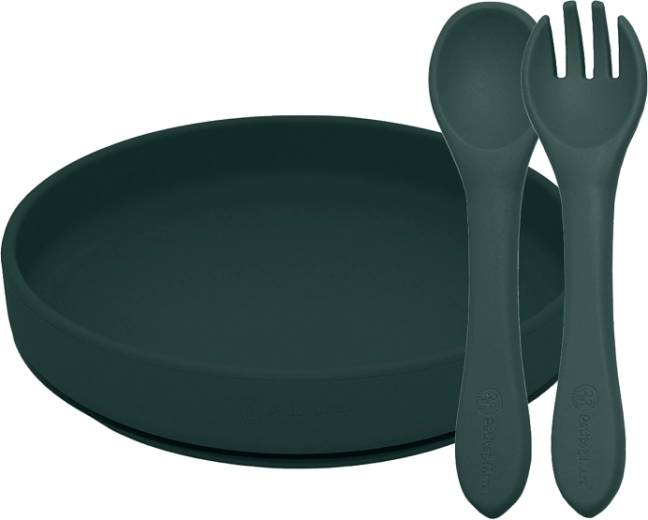 Petite&Mars Silikon-Essset Take&Match Misty Green: Teller mit Saugnapf + Besteck (6m+)