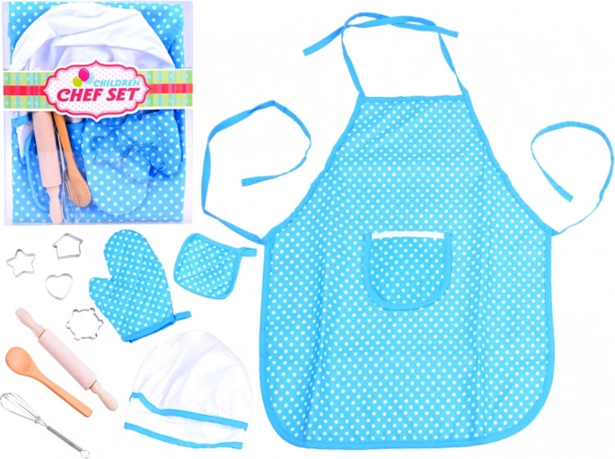 Kinder-Kochset mit blauer gepunkteter Schürze, Mütze, Handschuh und Backwerkzeugen