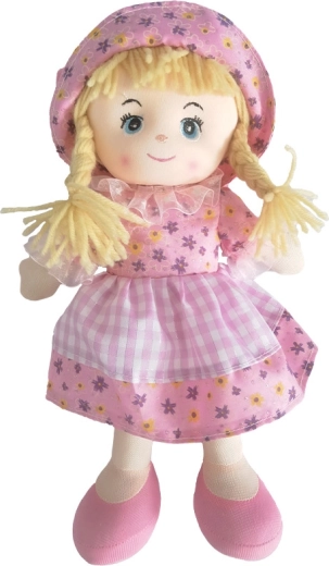 Stoffpuppe 30 cm in hellrosa Kleidchen mit Mütze