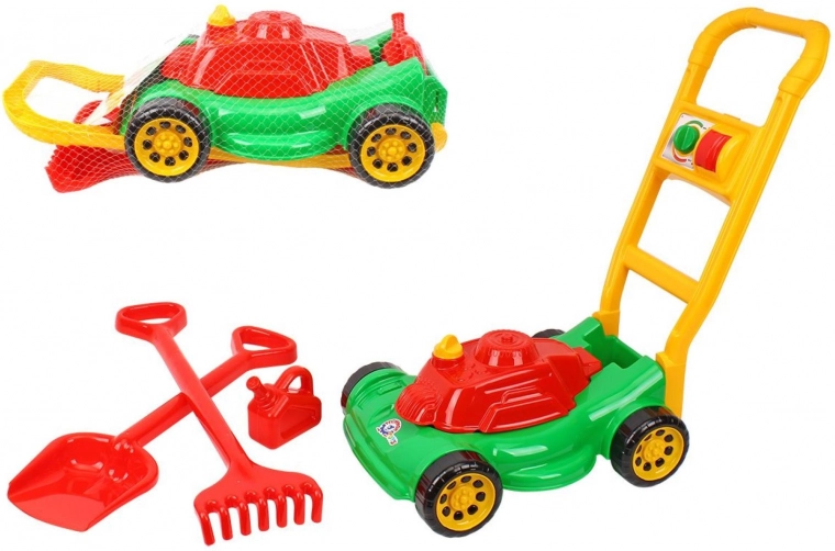 Kinder-Rasenmäher aus Kunststoff mit Zubehör im Netz