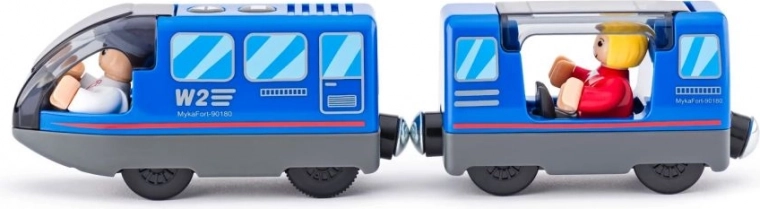 Personenzug mit Lokführer und Passagieren mit Batterien